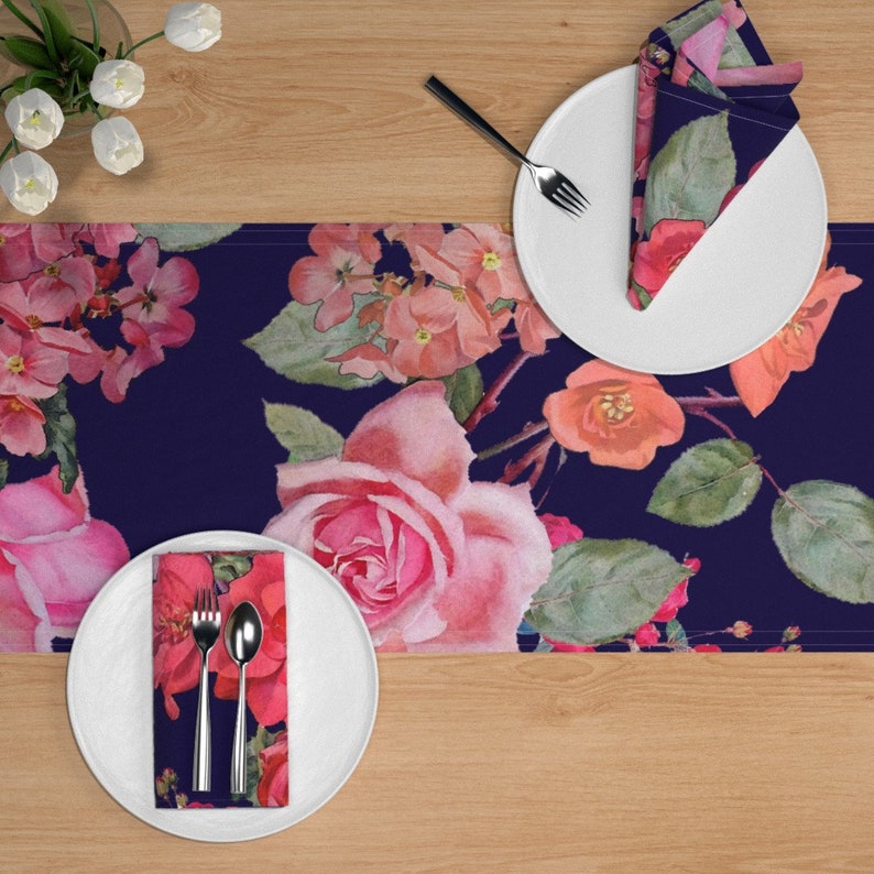 Vintage Roses Navy by theartwerks Vintage Garden Roses Spring Cotton Sateen Table Runner by Spoonflower large Floral Table Runner