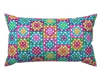 Rainbow Accent Pillow - Rainbow Granny Square by aranyanilove - Granny Crochet Geometric Pink  Rectangle Lumbar Throw Pillow by Spoonflower