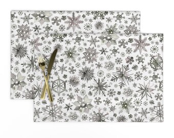 Snowflakes Placemats (Set of 2) - Winter Snowflakes by ninola-design - Winter Snow Neutral Natural Christmas  Cloth Placemats by Spoonflower