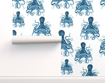 Blue Octopus Commercial Grade Wallpaper - Indigo Octopus by karolina_papiez - Steampunk Kraken Sea Life Wallpaper Double Roll by Spoonflower