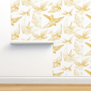 Mustard Gold Birds Non-Pasted Wallpaper - Golden Flight  by lilyoake - Songbirds Large Scale Wallpaper Double Roll by Spoonflower