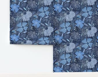 Indigo Floral Non-Pasted Wallpaper Lush Blue Flowers Tie Dye Blue Boho Navy Blue  - Shibori Floral by miraparadies Wallpaper by Spoonflower