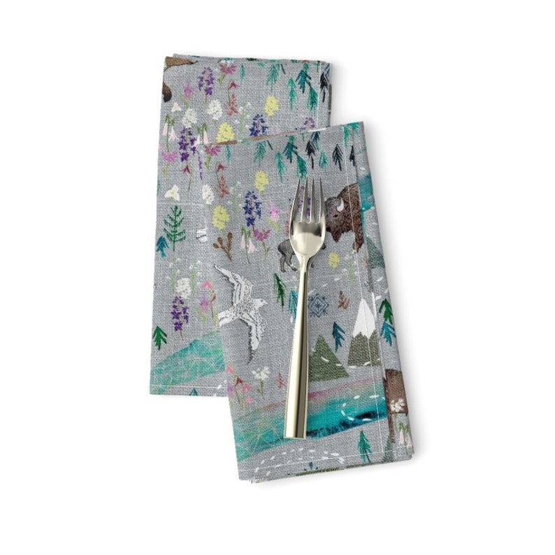 Rustic Forest Bison Fox Cloth Napkins by Spoonflower - Summer Aurora by nouveau/_bohemian Woodland Whimsical Dinner Napkins Set of 2