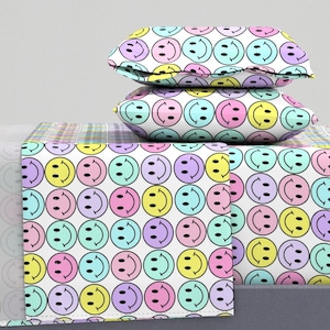 Pastel Smileys Sheets - Pastel Smilies by blossom&#39;s - 90s Pastel Rainbow Retro Candy Colors Cotton Sateen Sheet Set Bedding by Spoonflower