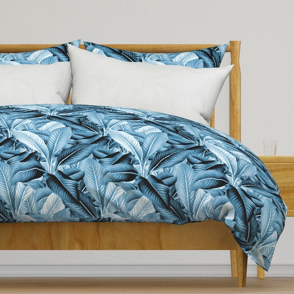 Palm Leaf Bedding - Palm In Palm Blue White by peacoquettedesigns - Botanical Frond Cotton Sateen Duvet Cover OR Pillow Shams by Spoonflower