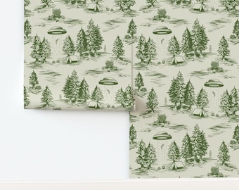 Alien Abduction vliesbehang Toile De Jouy Ufo - Alien Abduction Toile van somecallmebeth Double Roll van Spoonflower