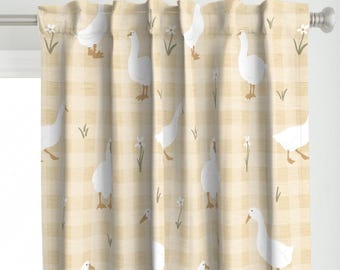 Gingham Goose Curtain Panel - Playful Faux Texture Gender Neutral Country Birds Custom Curtain Panel - Cottagecore Geese by clarawiskott -