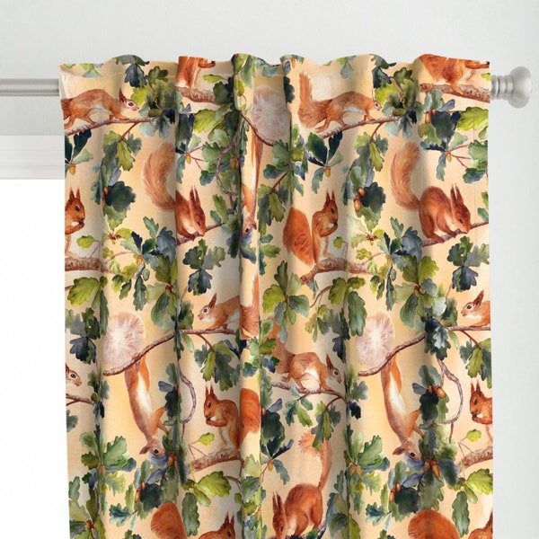 Woodland Squirrel Curtain Panel - Squirrels And Oak by sveta_aho - Oak Tree Watercolor Forest Branch  Custom Curtain Panel by Spoonflower