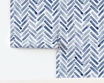 Watercolor Chevron Non-Pasted Wallpaper Herringbone Modern Boy Nursery - Indigo Blue Chevron  by erin__kendal Wallpaper by Spoonflower