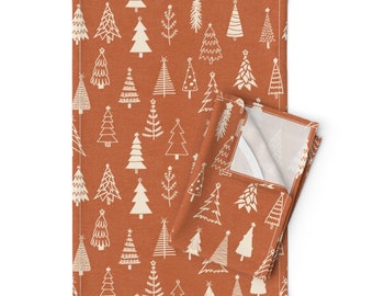 Christmas Trees Tea Towels (Set of 2) - Orange Christmas Boho by creativsupply - Boho Holidays Rust Linen Cotton Tea Towels by Spoonflower