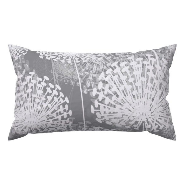 Large Scale Floral Accent Pillow - Gray Dandelions by chicca_besso - White Flowers Modern Gray Rectangle Lumbar Throw Pillow by Spoonflower