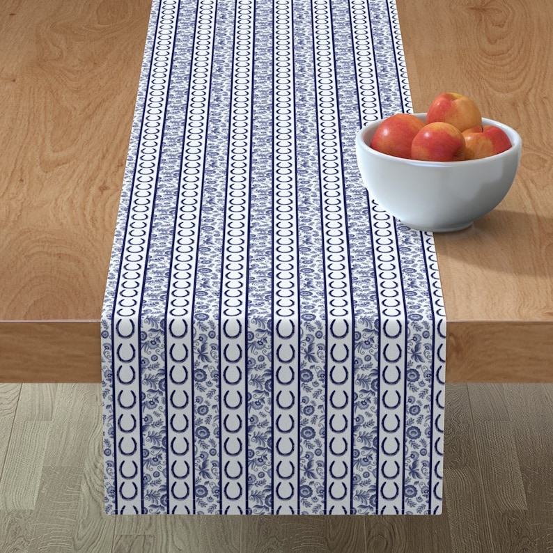 Equestrian Delft Horse Decor Pony Horsehsoe Cotton Sateen Table Runner by Spoonflower Horseshoe Table Runner Delft Stripes by ragan