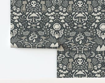 Papel de Parede Whimsigoth sem Cola, Arte Popular da Floresta, Morcegos Góticos - Damasco da Floresta Assombrada por anequ_studio, Rolo Duplo de Papel de Parede da Spoonflower