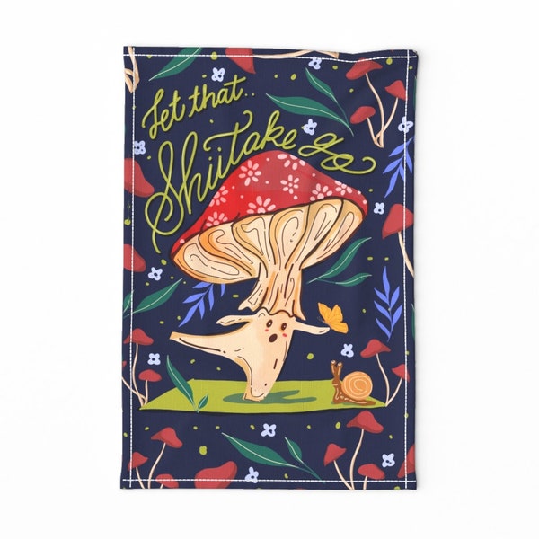 Mushroom Tea Towel - Let That Shiitake Go by mitalimdesigns - Funny Red Dark Blue Brown Pun  Linen Cotton Canvas Tea Towel by Spoonflower
