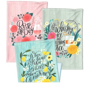 Ladies Day Drinking Tea Towel - Floral Whiskey Rose Gin Tonic Quotes Typography Art Print - Canvas Tea Towel With Magnetic Wooden Hanger