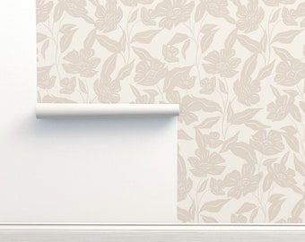 Taupe bloemen behang van commerciële kwaliteit - Simple Florals van presuttidesign - Flower Silhouette Wallpaper Double Roll van Spoonflower