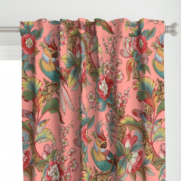 Antique Tropical Curtain Panel - Duchess  by peacoquettedesigns - Parrot Botanical Palm Pink Maximalist Custom Curtain Panel by Spoonflower