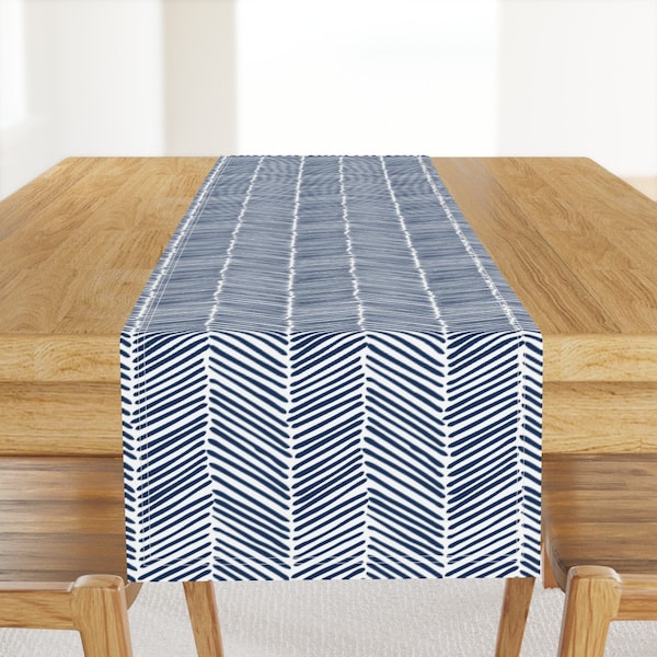 Herringbone Table Runner - Freeform Arrows Indigo by domesticate - Navy Chevron Zigzag Nursery Cotton Sateen Table Runner by Spoonflower