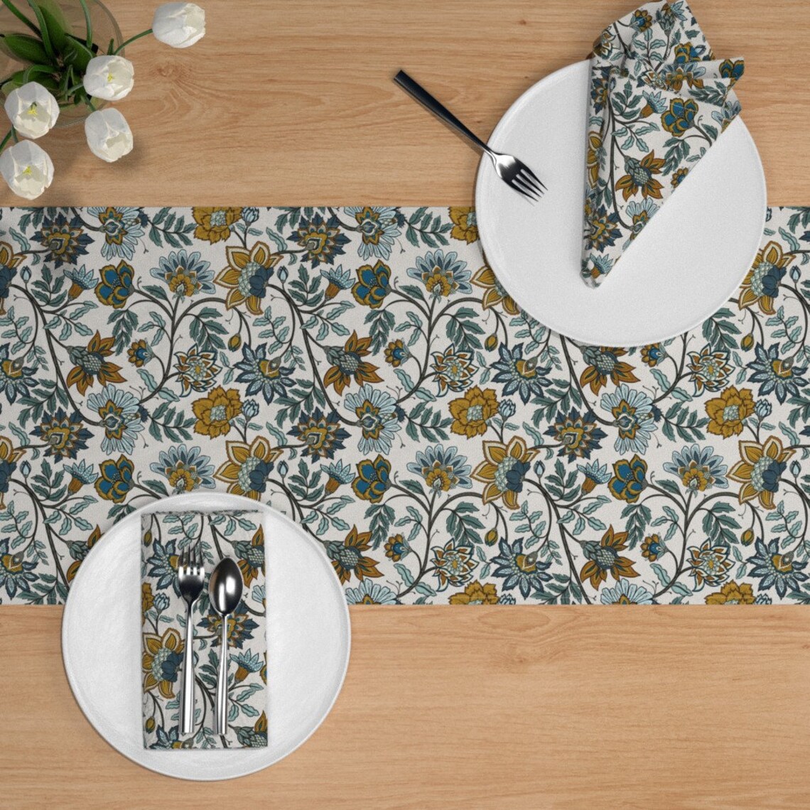 Jacobean Table Runner Indienne Navy And Mustard by Etsy