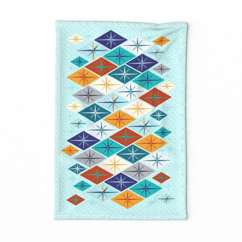 Blue Retro Diamonds Tea Towel Starburst Diamonds by dustydiscoball Vintage Starburst Linen Cotton Canvas Tea Towel by Spoonflower image 1