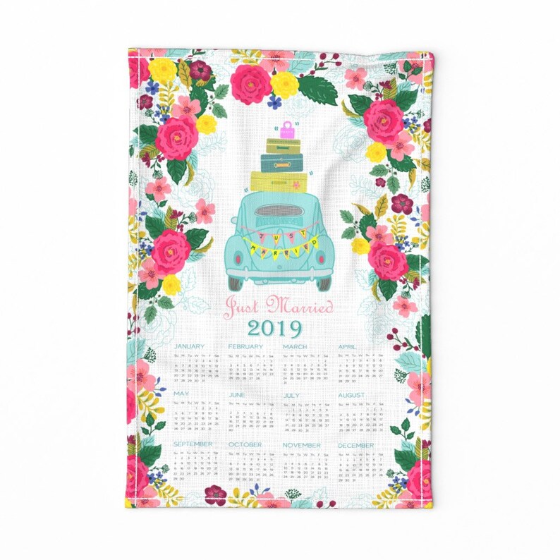 Romance Wedding Calendar Linen Cotton Canvas Tea Towel by Spoonflower Vintage Tea Towel 2019 Just Married Vw Calendar by honoluludesign