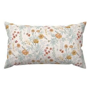 Yellow Lumbar Pillow - Marigold Love (cream) by nouveau_bohemian - Flowers Floral Retro Spring Summer Garden Rectangle Accent Throw Pillow