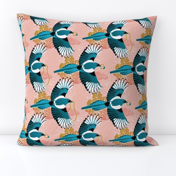 Blue Magpies Throw Pillow - Magpie Pirate by heidi-abeline - Peachy Coral  Pirate Treasure Decorative Square Throw Pillow by Spoonflower