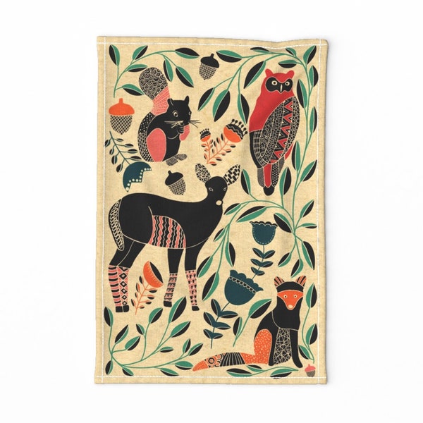 Folk Art Tea Towel - Woodland Animals by jeneta - Woodland Deer Fox Owl Squirrel Acorn Animals Linen Cotton Canvas Tea Towel by Spoonflower