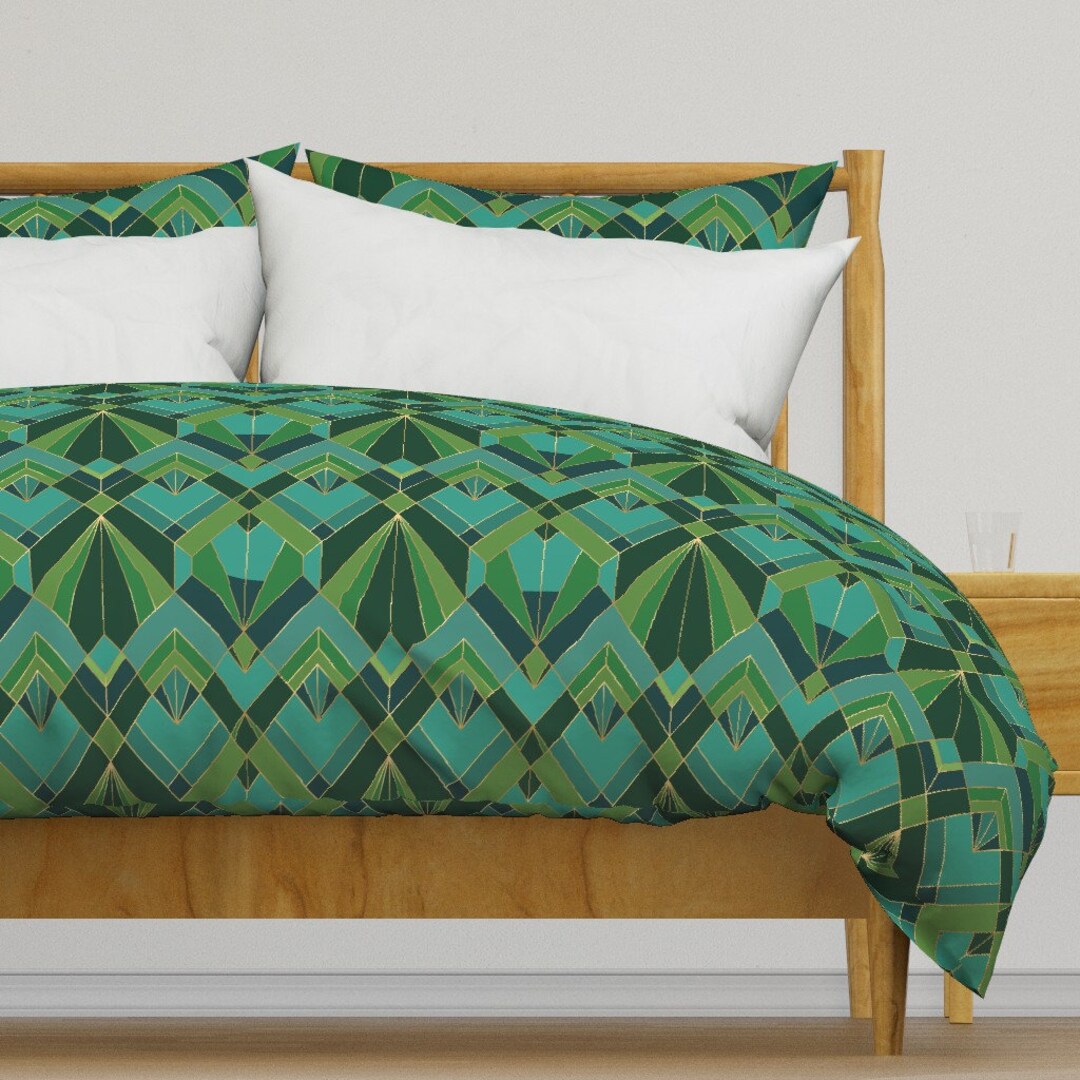 Peacock Geo Duvet Cover Art Deco by Fayeelizabeth Geometric Vintage 20s Art Deco Blue Cotton
