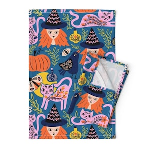 Cats Tea Towels (Set of 2) - Enchanted Cats by sandra_hutter_designs - Animals Floral Pumpkins Moth  Linen Cotton Tea Towels by Spoonflower