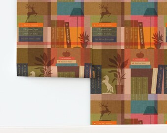 Autumnal Non-Pasted Wallpaper Library Wildlife Horses Deer Books Plaid Plants - Cozy Club House by dominique_vari Wallpaper by Spoonflower