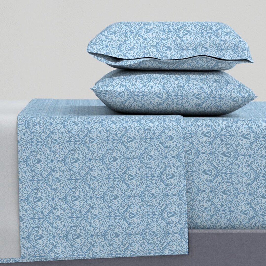 Damask Sheets - Auspice Damask Blue by Thelittleroseshop - Lines Dots ...