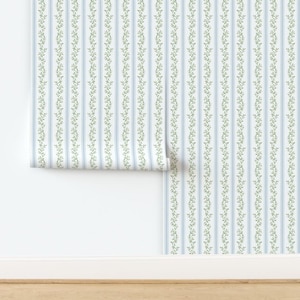 Sage Green Stripe Non-Pasted Wallpaper - Libby Stripe by danika_herrick - Regency Cottagecore Soft Blue Wallpaper Double Roll by Spoonflower