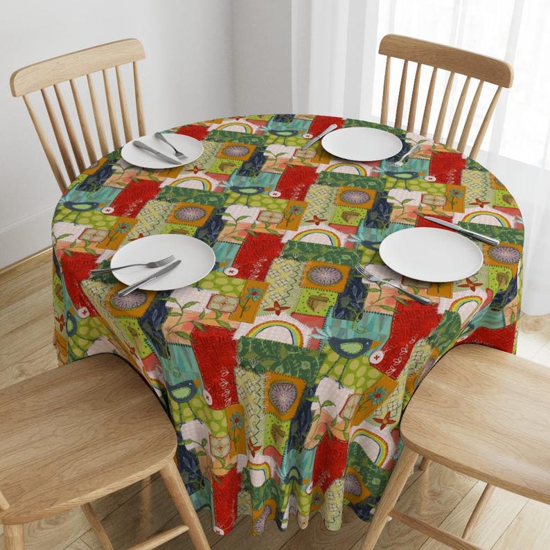 Farm Patchwork Tablecloth Mending Day by Jennifergeldard Birds Blue