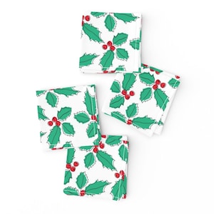 Christmas Cocktail Napkins (Set of 4) - Holly-leaves by lilcubby - Mistletoe Holly Berries Festive Holiday Red Cloth Napkins by Spoonflower