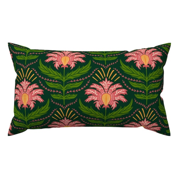 Folk Art Floral Accent Pillow - Abelia Dark Green by scarlet_soleil - Green Salmon Pink Rectangle Lumbar Throw Pillow by Spoonflower