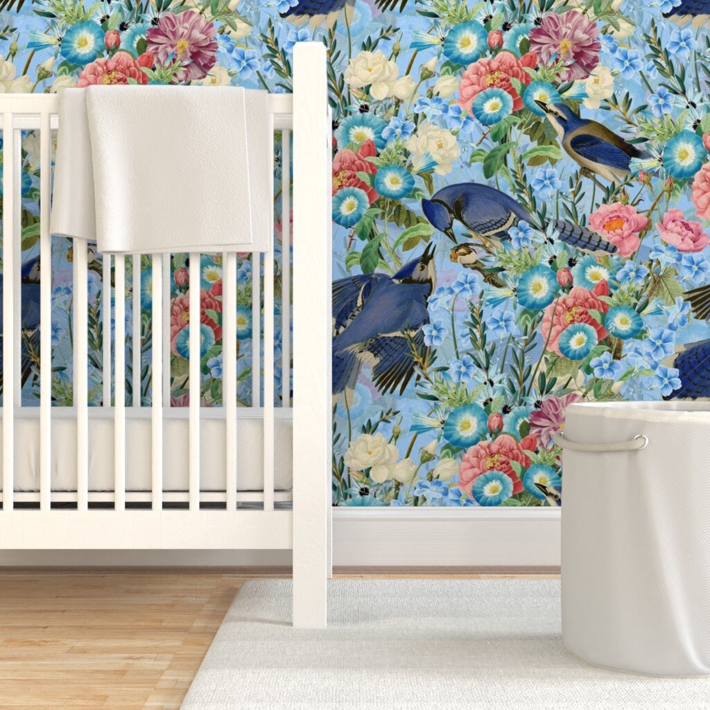 Birds Wallpaper Watercolor Hand Drawn Blue Jay Flower | Etsy