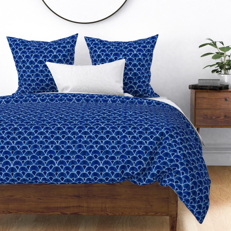 Cobalt Blue Indigo Shibori Cotton Sateen Pillow Sham Bedding by Spoonflower Scalloped Shibori by j9design Indigo Scallops Pillow Sham
