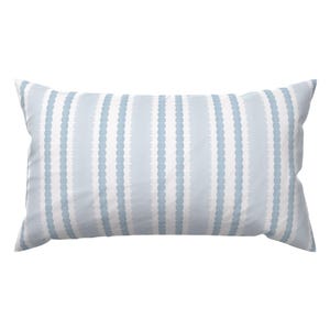 May include: A rectangular throw pillow featuring a repeating pattern of vertical stripes. The design alternates between solid light blue bands and white bands decorated with a scalloped, dotted edge detail running along the length of the pillow.