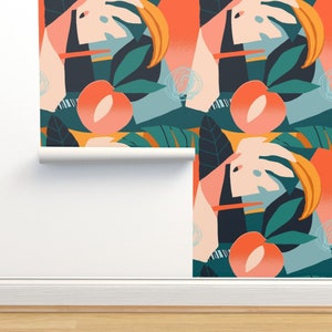 Tropical Aqua Non-Pasted Wallpaper - Exotic Coral by tasiania - Exotic Jungle Peach Coral Aqua Wallpaper Double Roll by Spoonflower
