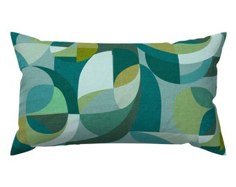 Mid Century Modern Lumbar Pillow - Faux Textured Retro Inspired Atomic Era Rectangle Accent Throw Pillow - Modern Circles Teal by ceciliamok