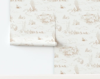 Pooh Soft Honey Non-Pasted Wallpaper Nursery Storybook Vintage Toile Tan - Pooh Toile Honey by at_the_cottage Wallpaper by Spoonflower