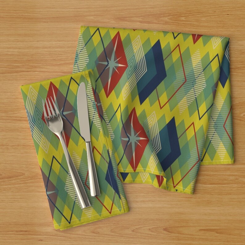 Set of 2 - Old Diamonds Atomic Lemon by siya Mid Century Dinner Napkins Yellow Geometric Retro Diamonds Cloth Napkins by Spoonflower