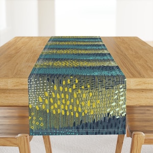 Abstract Table Runner - Cosmic Particles by friztin - Aurora Borealis Blue Green Mod Impressionist Cotton Sateen Table Runner by Spoonflower