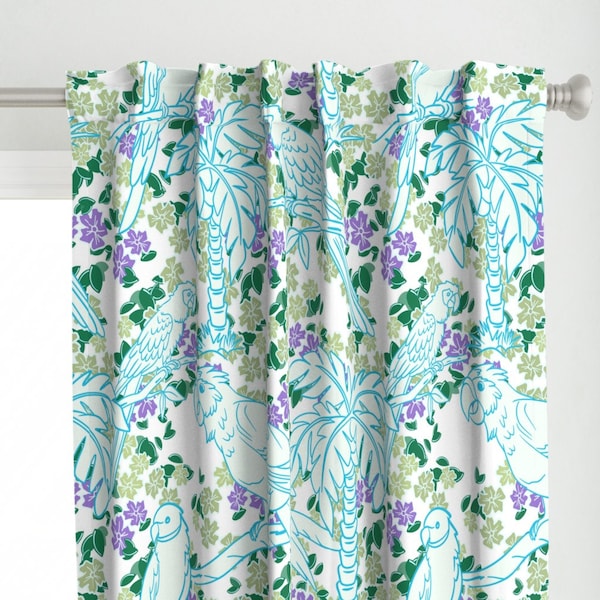 Tropical Paradise Curtain Panel - Parrot Jungle In Blue And Sage by davidrosedesigns -  Birds Exotic Custom Curtain Panel by Spoonflower