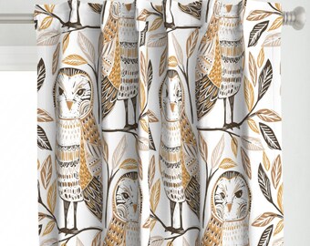 Woodland Owl Curtain Panel - Barn Owls by laura_may_designs - Modern Bird Fall Leaves Autumn Owls Custom Curtain Panel by Spoonflower