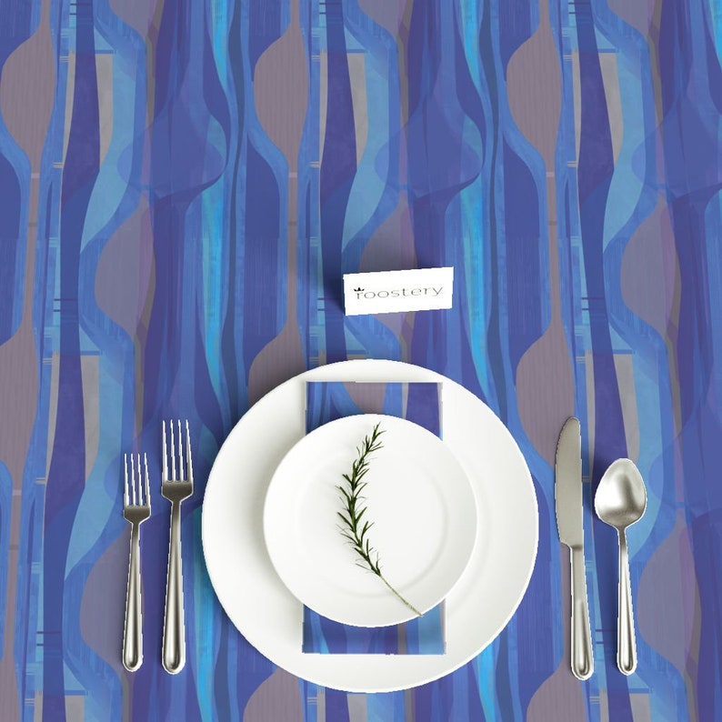 Mid Century Modern Cotton Sateen Tablecloth by Spoonflower Midcentury Abstract Ogee Tablecloth cobalt Blue by wren/_leyland
