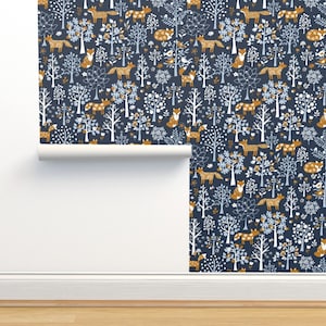 Woodland Night Non-Pasted Wallpaper - Foxes In The Woods by cressida_carr - Wild Foxes Winter Owl Wallpaper Double Roll by Spoonflower