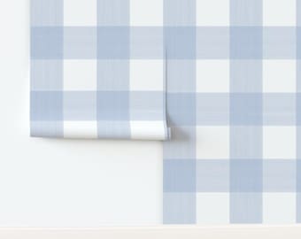 Plaid Non-Pasted Wallpaper Light Blue Gingham Check Buffalo Check - 6" Buffalo Plaid  by danika_herrick Wallpaper by Spoonflower