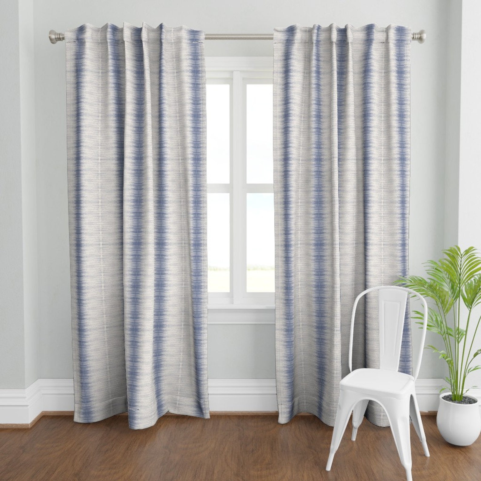 Blue Stripe Curtain Panel - Boho Large Stripe Large Scale Textured Look